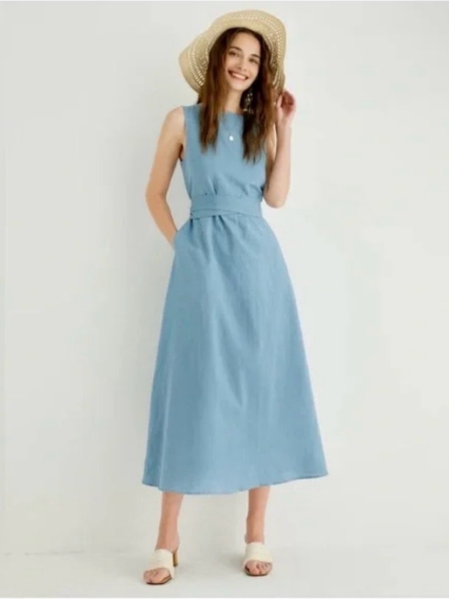 Grae Cove Linen Blue Maxi Dress With Pockets